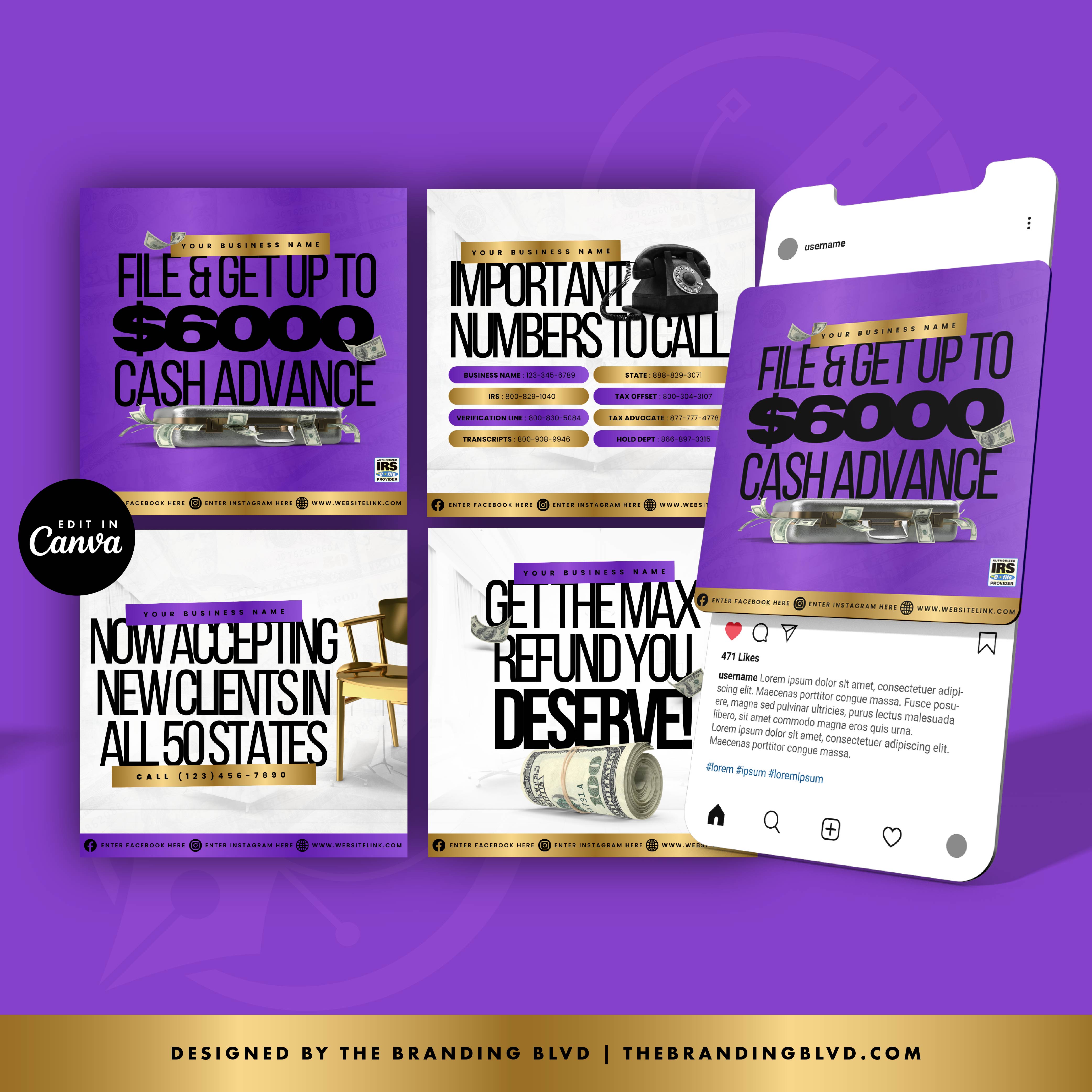 4 publications de contenu Canva pour la préparation des impôts à faire soi-même : VIOLET (téléchargement numérique)