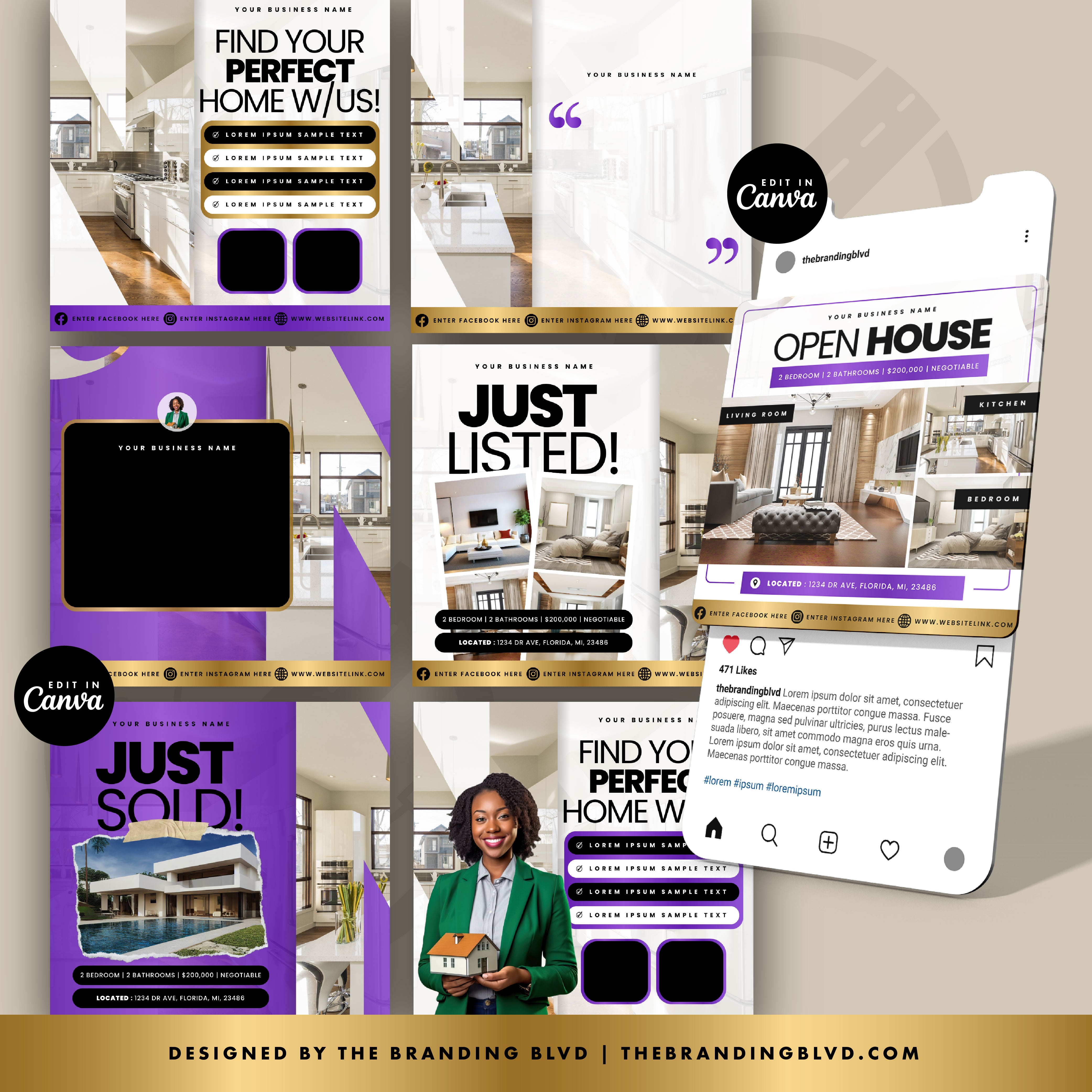 7X MODÈLES CANVA DIY POUR AGENTS IMMOBILIERS : (Violet, Noir, Blanc et Or) Téléchargement numérique
